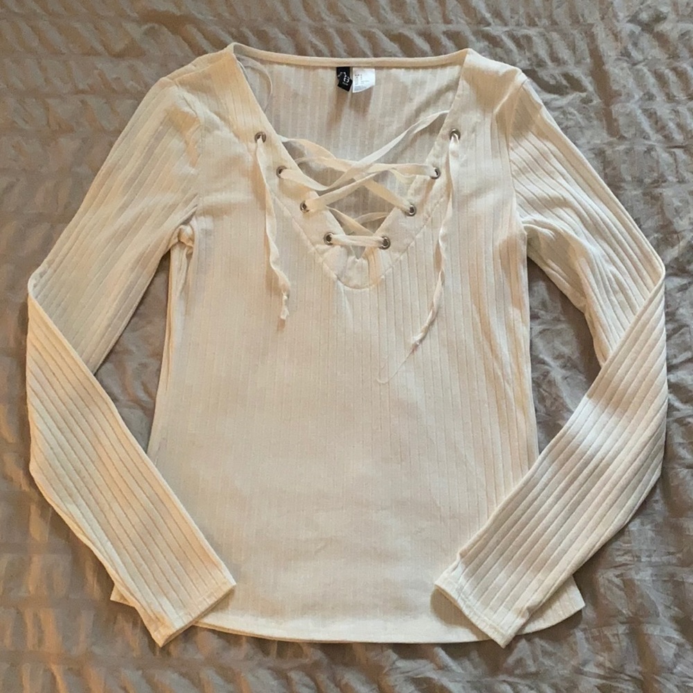 White Ribbed Long Sleeve Top w/ Lace up detail